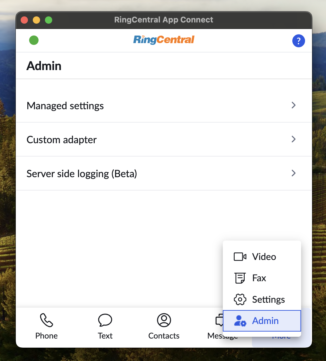 Admin tab in App Connect