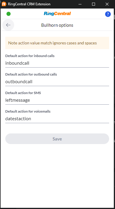 Bullhorn default Note Action page