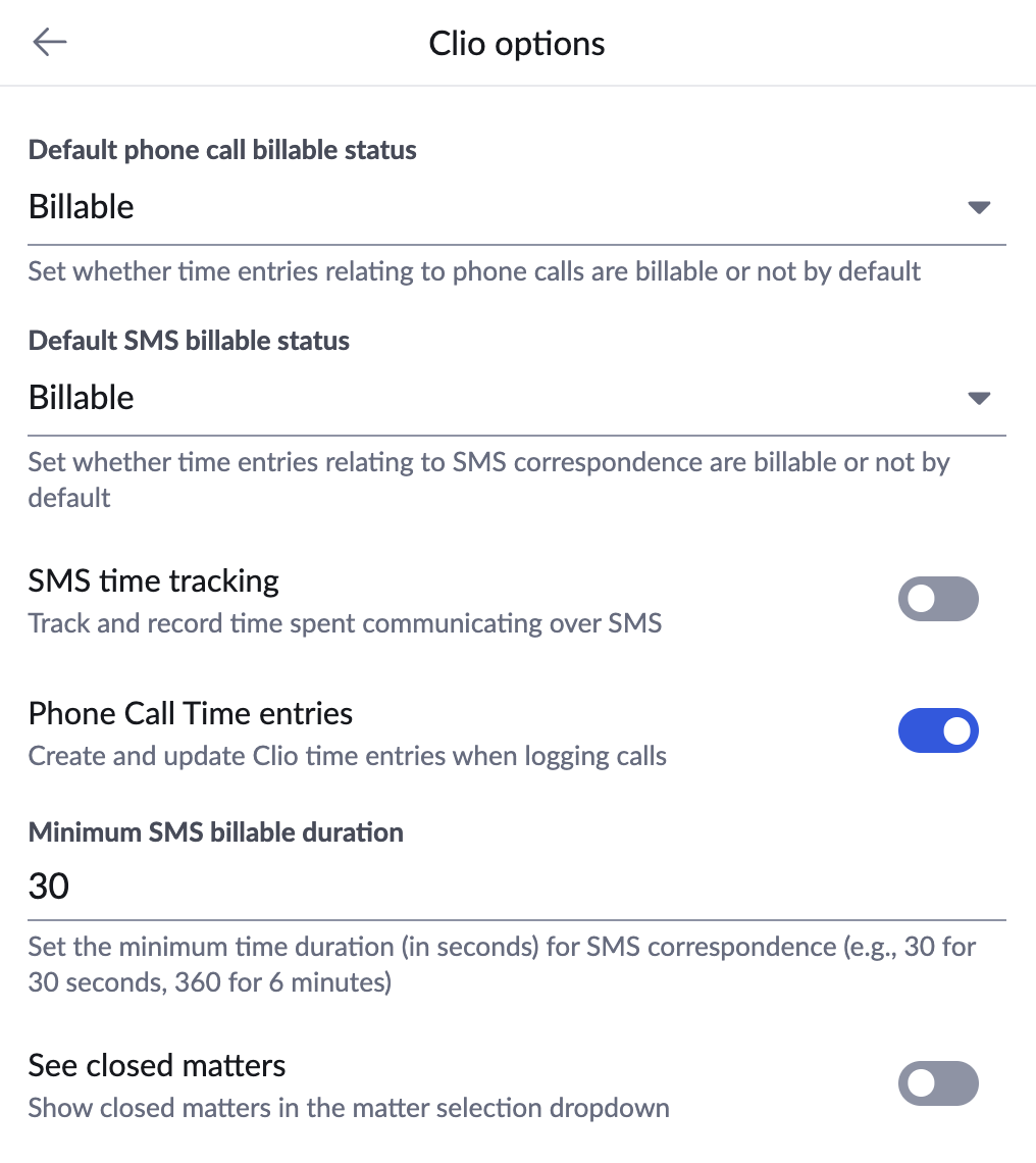 Clio time tracking options in App Connect settings