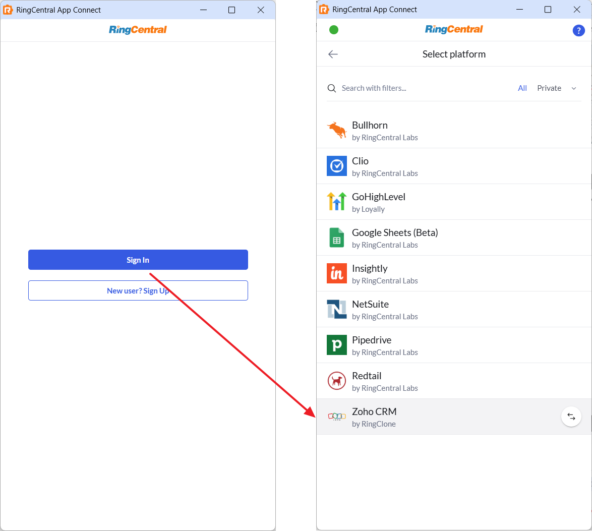 Sign in and select Zoho