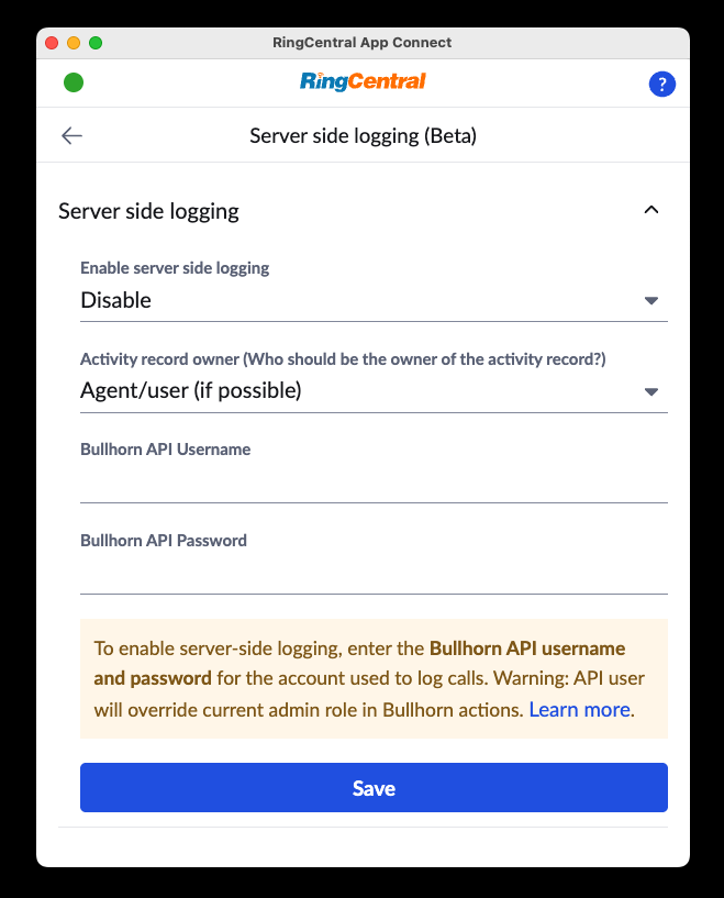 Server-side call logging setup