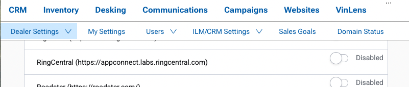 Enabling RingCentral under Partner enablement in Vin Solutions
